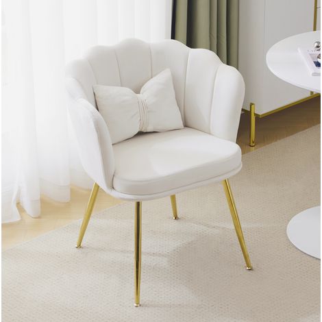 Silla de terciopelo beige, silla acolchada con respaldo de pétalos, patas de metal chapado en oro y cojín mariposa (1/5)