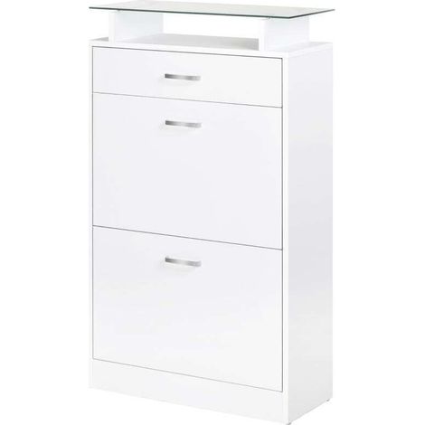 Armoire à Chaussures Meuble rangement Chaussures 2 Portes abattantes 2 Compartiments, tiroir, Plateau en Verre - Bois chêne Blanc (1/5)