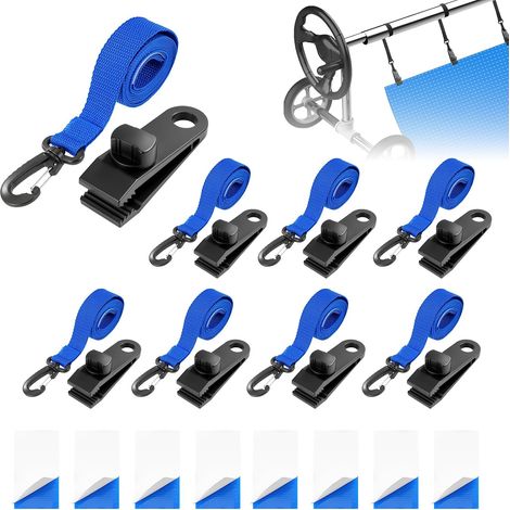 Bleu Lot de 8 Sangles de Maintien et Pinces pour Enrouleur de Bâche Piscine, Accessoires pour Enrouleur de Couverture Solaire, Sangles de Serrage pour Couverture Piscine, Jeu de Roues de Parasol (1/5)