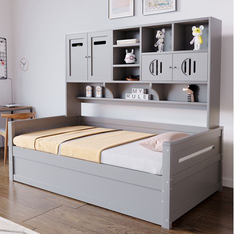 Letto singolo 90x200 cm in legno grigio con contenitore integrato, senza materasso – MEUBLIV (1/5)