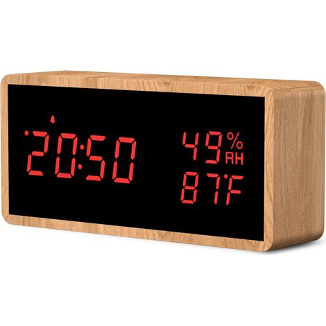 Réveil Numérique en Bois, Réveil Électronique avec 3 Réglages d'Alarme, Horloge Numérique Alimenté par USB Réveil Snooze avec Affichage LED de l'Heure, de la Température et de l'Humidité (1/5)