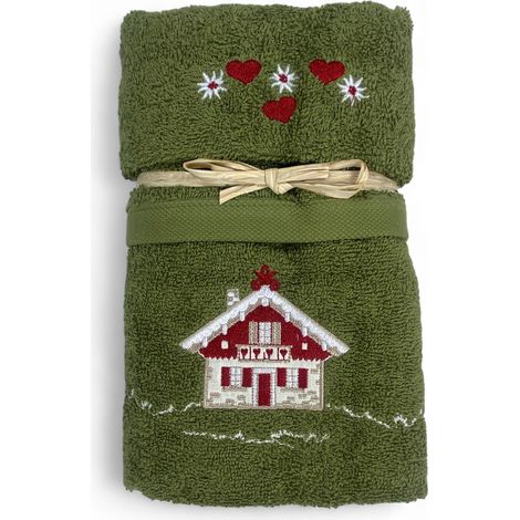 Set Asciugamani Tirolese Casetta Verde - Tirolo - Spugna 100% Cotone - Ricamo Chalet Montagna Made in Italy (1/5)