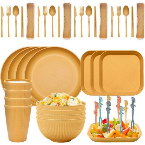 Ensemble d'assiettes écologiques, vaisselle en paille de blé, bol Ramen, assiettes à dîner, 48 pièces - Jaune (1/4)