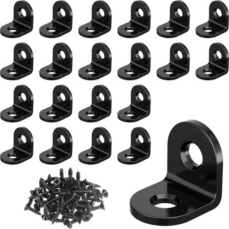 Lot de 20 connecteurs d'angle noirs, angle métallique 90 degrés 20 x 20 mm, petit angle en acier inoxydable avec vis pour montage d'équerre, meuble, table, chaise, bibliothèque. (1/5)