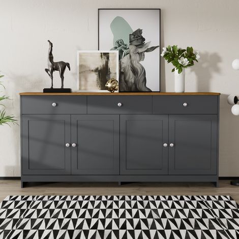 Buffet 160 cm gris noir effet bois 4 portes 3 tiroirs (1/5)
