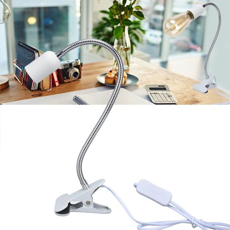 Support Lampe de Bureau Clip E27/E26, Tête Blanche Orientable 360°, Matériau Durable, Alimentation 100‑240V, Prise UE