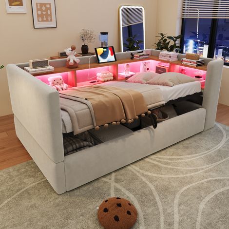 Lit rembourré 90x190 cm avec rangement hydraulique, LED, prises et étagères, gris clair (1/5)