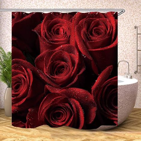 Rideau De Douche - Polyester - Motif Floral Rouge Et Noir - 183 X 183 Cm - Avec 12 Crochets (1/5)