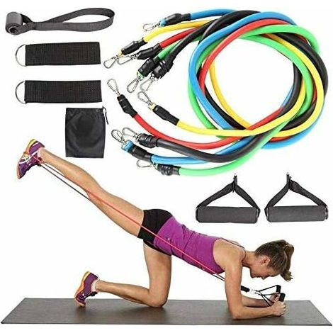 DEESSE SHOP - Lot de 11 bandes de résistance élastiques pour exercice de fitness, yoga, cordes d'étirement avec tubes de fitness, poignées en mousse, sangles de cheville, anneaux de jambe, boucle de p (1/5)