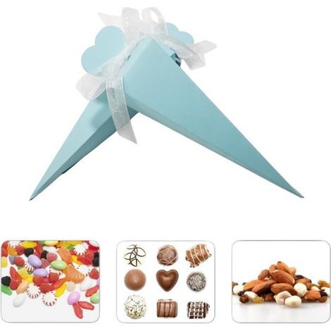 100 scatoline/contenitori regalo bianchi a forma di cono per coriandoli/petali. Coni con nastri. Nastri bianchi in rilievo per matrimoni, compleanni, ecc. (1/5)