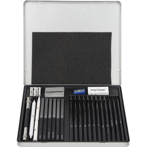 Lot de 32 crayons de dessin pour débutant, kit de fourniture d'art avec boîte de rangement en fer, noir modèle 1 (1/5)