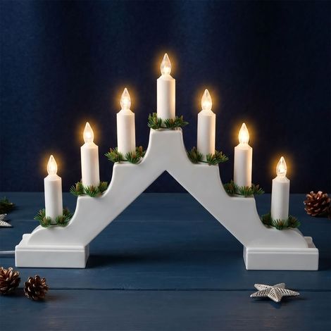 Kunststoff Lichterbogen mit 7 LED Kerzen und Timer - weiß - Schwibbogen warm weiß beleuchtet batteriebetrieben