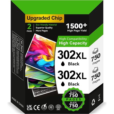 Cartouches Encre 302 XL Noir - 2X 750+ Pages, Remplaçant pour Cartouche HP 302 Noir, Encre Imprimante 302 pour HP Deskjet 3639 3630 3636 Envy 4520 4527 4524 4523 OfficeJet 4650 3830 3831 3832 (1/5)
