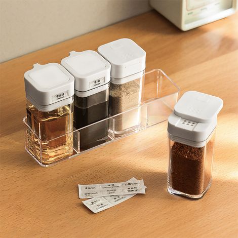 Contenant à épices compact et portable, flacon transparent pour condiments, idéal pour la cuisine et la maison (4 flacons). (1/5)