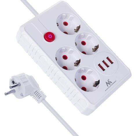 MULTIPRISE MACLEAN, RALLONGE 4 PRISES + 3XUSB, 110-240V AC 50/60HZ, 2.1A MAX 2500W, 1.5M, BLANC, MCE392 W