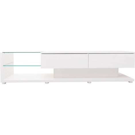 Meuble TV bas élégant avec panneaux blancs brillants et séparations en verre – Design moderne et rustique, pratique au quotidien (1/5)