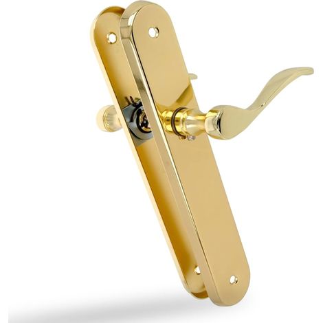 Lot de 2 - Poignée de porte - Plaque ovale - Manivelle ergonomique en Zamak - Acier laiton verni - Pour intérieur et extérieur - Doré - 23,8x4,0 cm