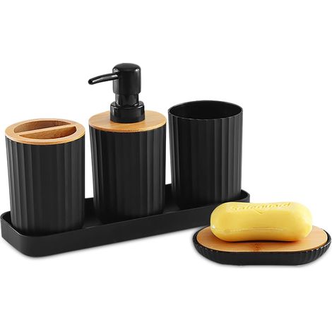 Schwarze Badezimmeraccessoires aus Kunststoff, Seifenspender, Seifenschale, Bambusdeckel.