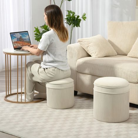 Lot de 2 Tabourets de Rangement avec Couvercle, Pouf Rond en Velours Aspect, 36 x 36 x 41,5 cm, Blanc Crème (1/5)