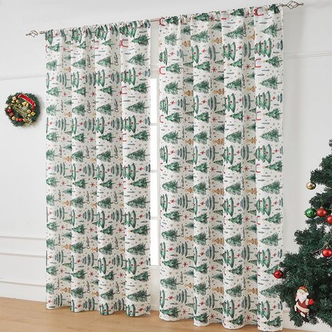 Rideau De Fenêtre - Arbre De Noël Imprimé - Vert - Polyester - 220 X 140 Cm - Pour Salon Chambre - 1 Pièce (1/5)
