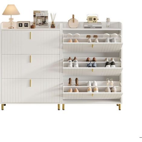 Meuble à chaussures 80x20x120, 6 compartiments, 3 abattants, blanc, réglable avec sécurité anti-basculement (1/5)