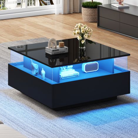 DESMIU Table Basse LED avec 2 Tiroirs et Vitrine Transparente pour Salon, en Panneau de Particules, Noir, 70 × 70 × 41 cm (1/5)