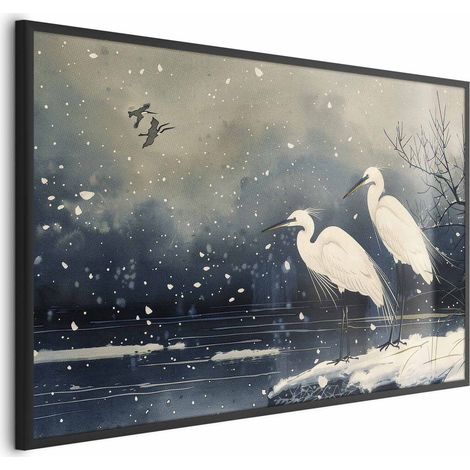 Poster - Aironi presso lo stagno invernale - Illustrazione in stile giapponese con colori scuri (1/4)