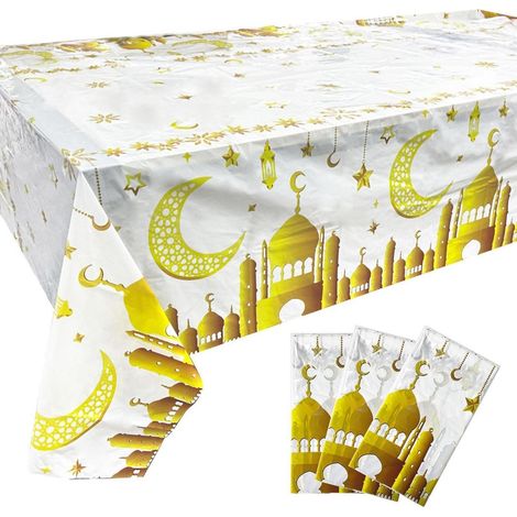 Ramadan Tischdecke 130x220cm Weißgold 3 Stück Eid Mubarak Dekoration