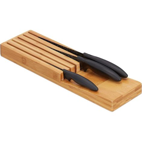Bloc à couteaux de cuisine en bambou Relaxdays, porte-couteaux pour 5 couteaux, bloc de tiroir, 3,5 x 11 x 39 cm, naturel (1/5)