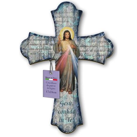Fratelli Bonella Crucifix mural en bois de peuplier avec représentation de Jésus miséricordieux, vintage, 17 x 24 cm, 100 % fabriqué en Italie (1/5)