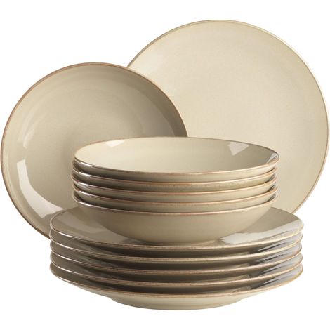 Service de table moderne pour 6 personnes avec assiettes creuses et assiettes plates, style méditerranéen, en céramique, gris sable, 12 pièces (1/5)