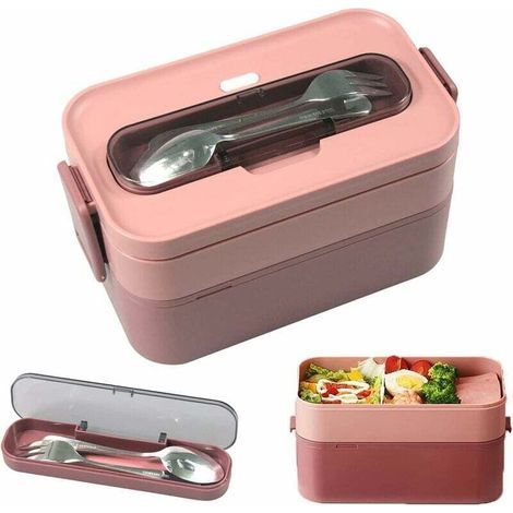 Isolierte Lunchbox (1600 ml), inklusive Besteck, auslaufsichere Bento-Box mit 2 Fächern, Kunststoff-Lunchbox für Kinder und Erwachsene, ideal für Büro, Schule oder Picknick, Rot (1/5)