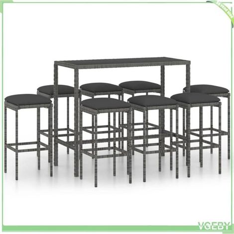 Ensemble de bar de jardin (9 pièces) - FAFEICY - 3064827 - Résine tressée grise - Coussins inclus - Dessus verre trempé (1/5)