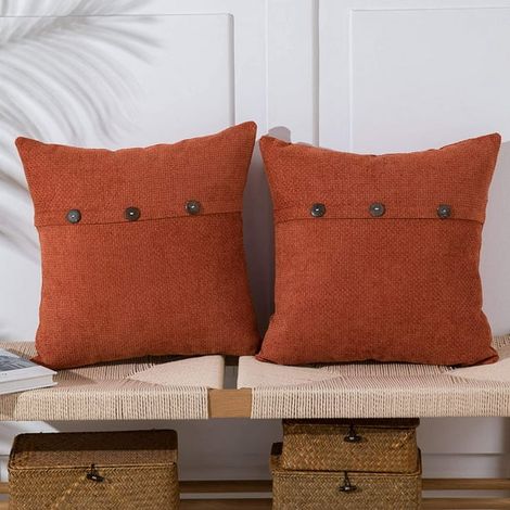 Lot de 2 Housses de Coussin Orange Brûlé 22 x 22 Pouces, Taies en Chenille à Triple Boutons, Canapé, Style Ferme Rustique (1/2)