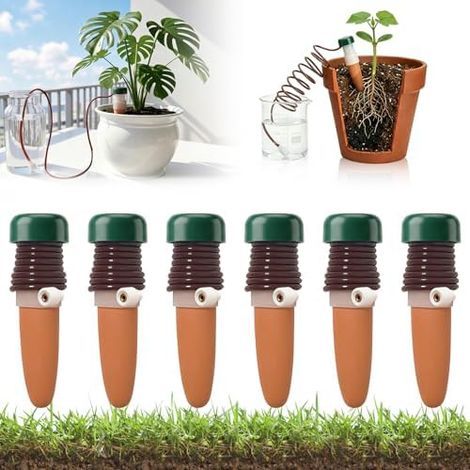 Set of 6 Indoor Plant Water Dispensers, Automatic Vacation Watering System with Hose, Drip Irrigation System for Flowers, Brown Pot Reservoir - pieces (1/5)