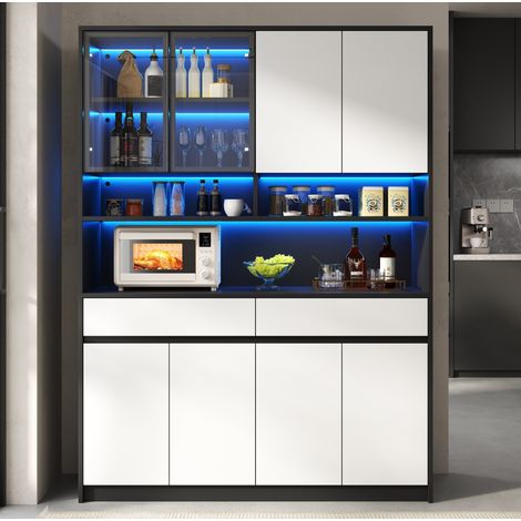 Madia alta con LED, vetrina in vetro, ripiani aperti, MDF nero e bianco OKMYHOME (1/5)
