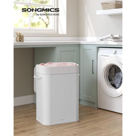 Cesto de la Ropa Sucia con Tapa, 72 L, Cesto de Lavandería de Bambú, Plegable, con Bolsa Lavable Extraíble, Asas, para Lavandería, Dormitorio, Blanco (1/5)