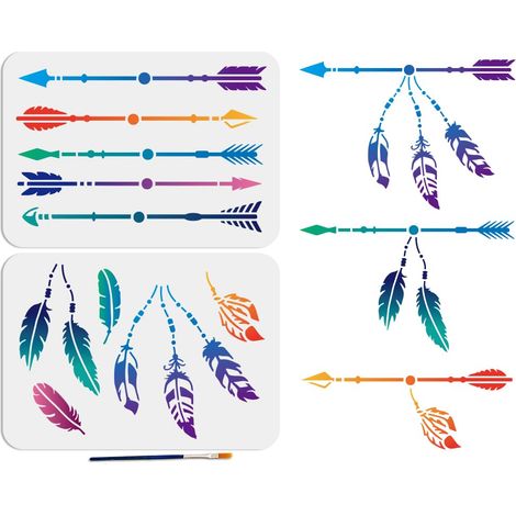 2 pochoir Tribal en Plumes D'Arc et de Flèche 29.7 × 21cm Style D'Épissure Plumes Décoratives avec Pinceau Style Bohème Flèche Dessin pour Toile Mur Meubles Décoration (1/5)