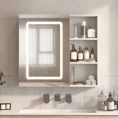 Armadietto bagno a parete con specchio LED, luce a 3 colori, funzione antiappannamento, 1 anta e ripiani regolabili, 60 x 60 x 36 cm - Bianco