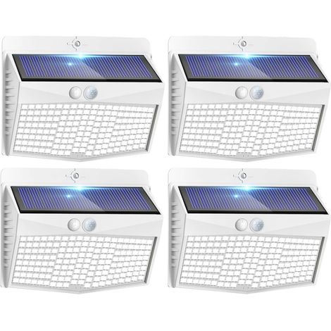 Lampe Solaire Exterieur Detecteur de Mouvement Lot de 4, LED Lumiere Extérieur avec Détecteur, 3 Modes/etanche Spot Solaire, Eclairage Extérieure pour Jardin Murale Garage, Blanc Froid (1/5)