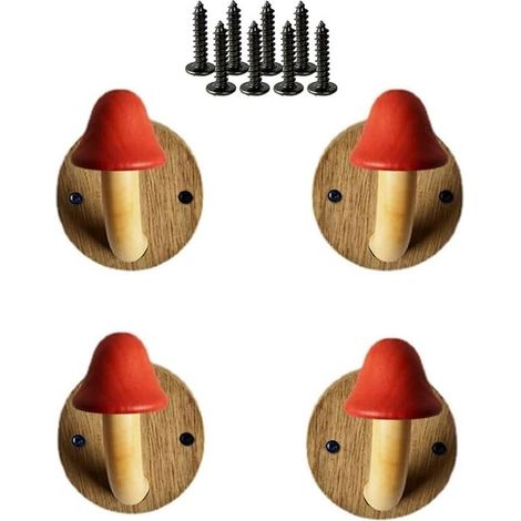 ganci da parete in legno a forma di fungo rosso, appendiabiti in legno massello per asciugamani con 8 viti (1/5)