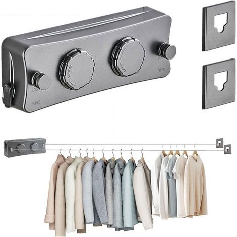 Séchoir à linge mural rétractable à deux rangées - Avec 2 cordes de 5 m - bouton de tension réglable - pour balcon, buanderie, chambre - gris (1/4)