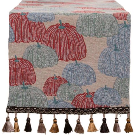 Chemin de table vintage avec pompons faits main, ajoutant une touche rétro à votre table. 120/140/160/180 cm, motif citrouille. (1/5)
