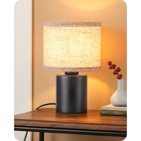 EDISHINE Tischlampe Holz, LED Nachttischlampe mit schwarzem Massivholzsockel & sandfarbenem Leinen-Lampenschirm, E27 kompatibel für Schlafzimmer, Wohnzimmer, Höhe 30 cm, inkl. 4W LED-Leuchtmittel (1/5)