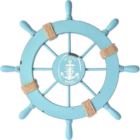 Décoration murale en bois représentant une roue de bateau de 28 cm, sur le thème nautique ou de la plage. (1/5)