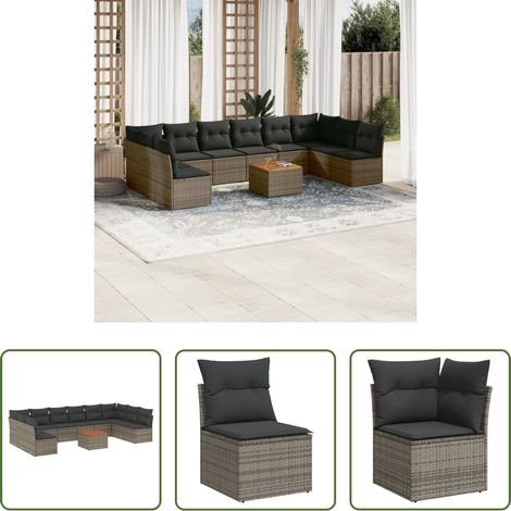 vidaXL Rattanmöbel - 11-tlg. Garten-Sofagarnitur mit Kissen Grau Poly Rattan (1/5)