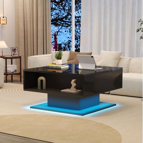 Couchtisch 80x75x40 cm schwarz aus Spanplatte mit Hubfunktion, LED und Stauraum (1/5)