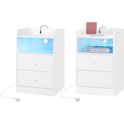WOLTU 2x Comodino moderno per camera da letto, con Prese, Porte USB e Luci a LED, Tavolino con 1 Piano, 1 Scomparto e 2 Cassetti Bianco