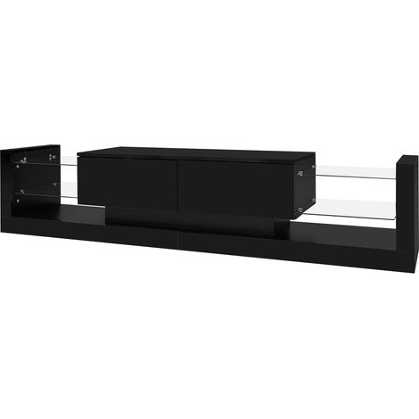 Meuble TV brillant avec éclairage LED, 181 cm – pour téléviseurs jusqu'à 80 pouces, façade en verre, 2 tiroirs rabattables (1/5)