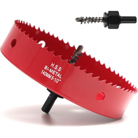 Scie cloche 140mm, bois avec adaptateur hexagonal et embout central, HSS M42 scie cloche pour fer, aluminium, bois, plaques de plâtre, Rouge (1/5)